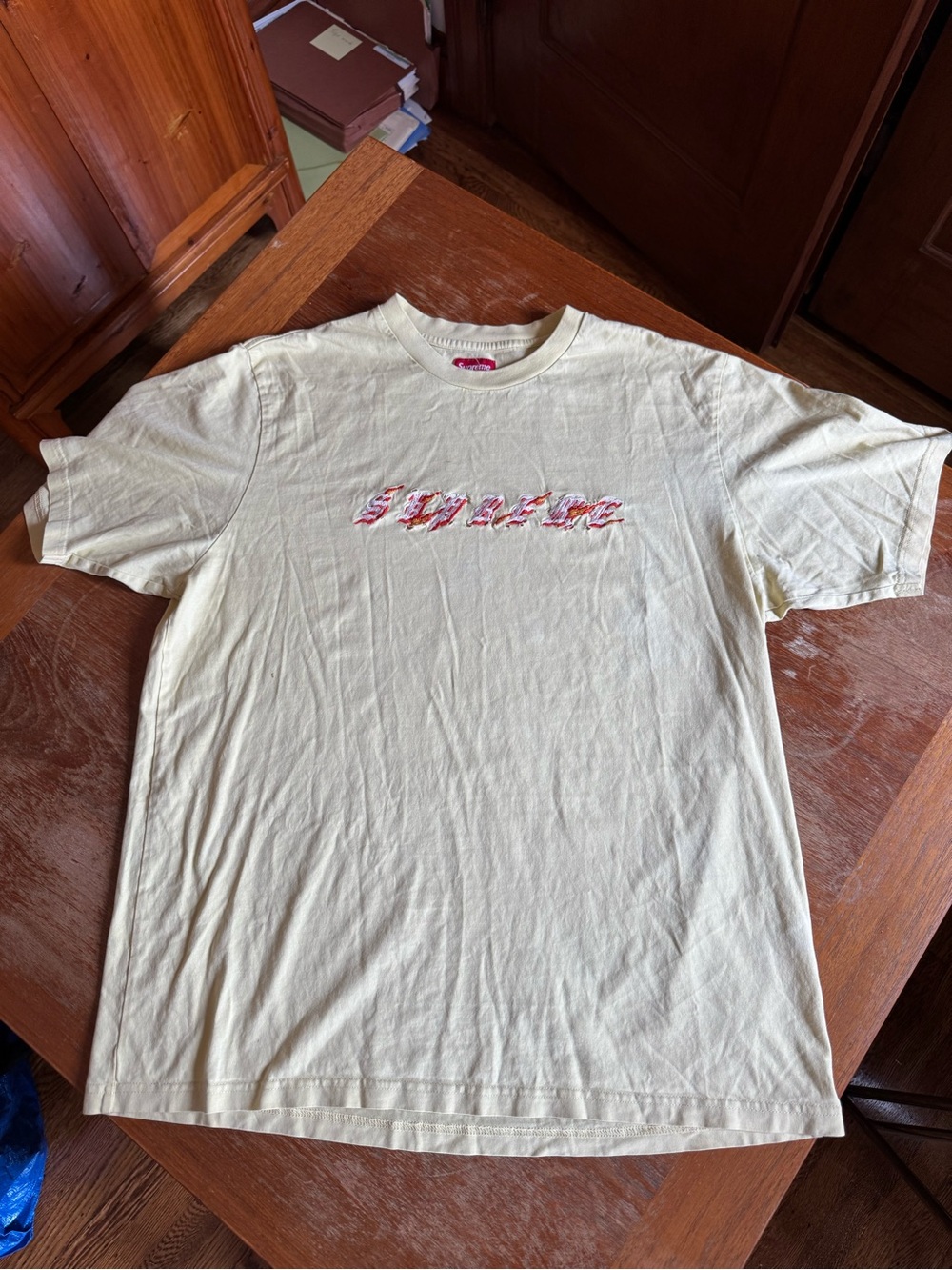 Supreme Distressed Glitch Logo Embroidered T-Shirt XL Cream GraphicStreetwear